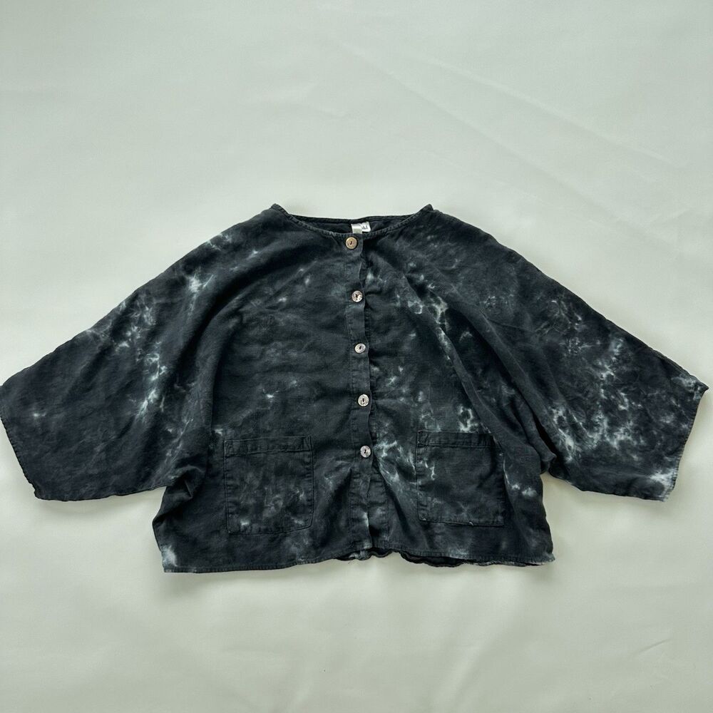 Kleen Linen Tie Dye Black Boxy Button Front Shirt Womens Medium Boho Lagenlook